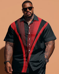 Big Guy's Simple Line Print Short-sleeved Shirt And Shorts Set