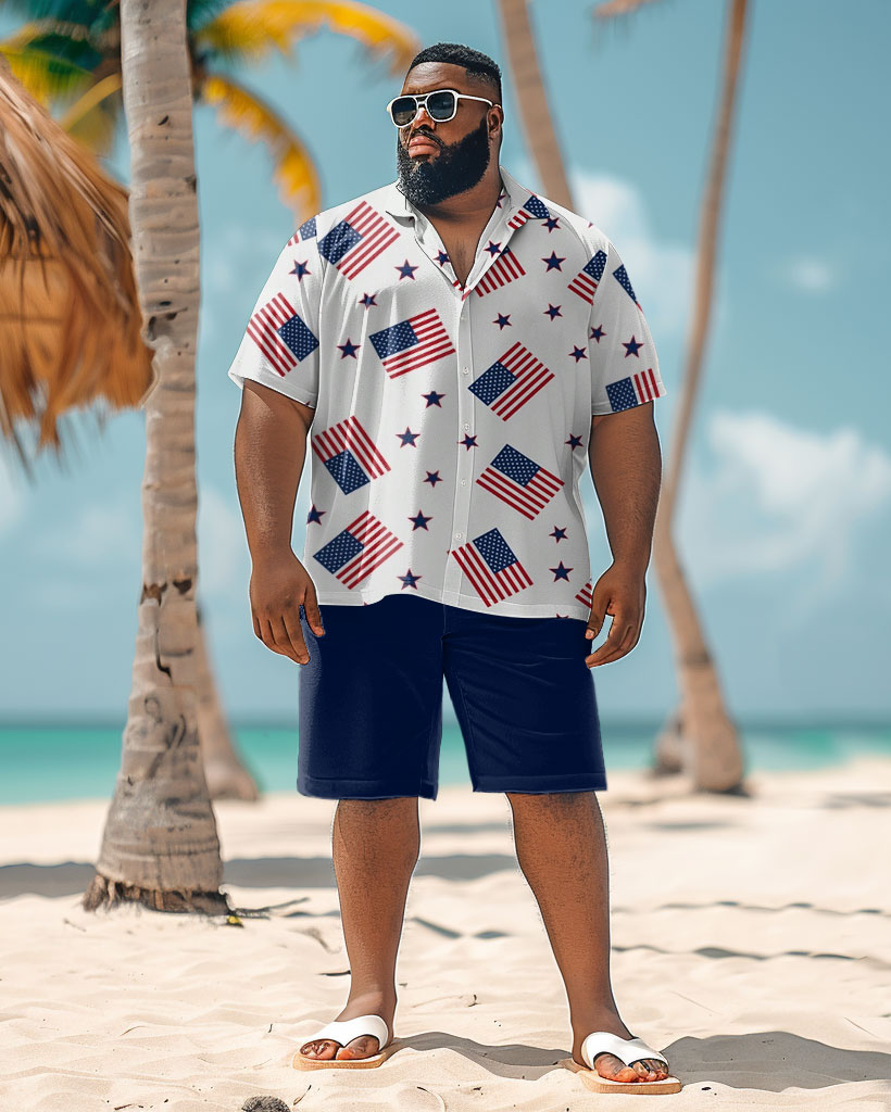 Big Men's Summer Independence Day Flag Print Shirt Shorts Set