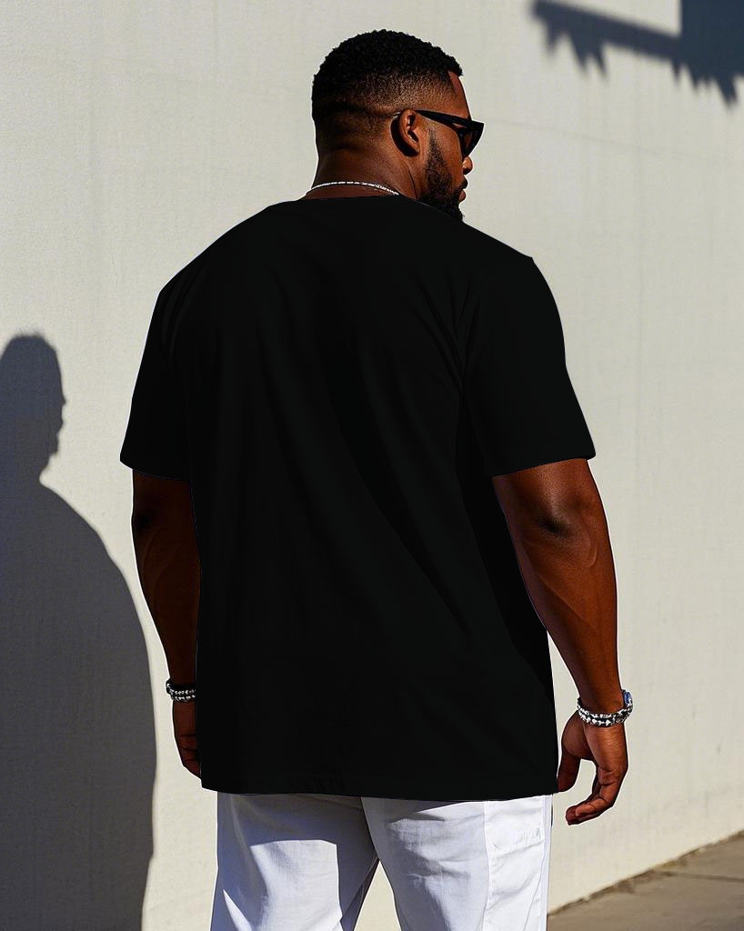 Men's Plus Size Black & White Patchwork Front Large Digital Eco-Friendly Printed Short-Sleeved T-Shirt