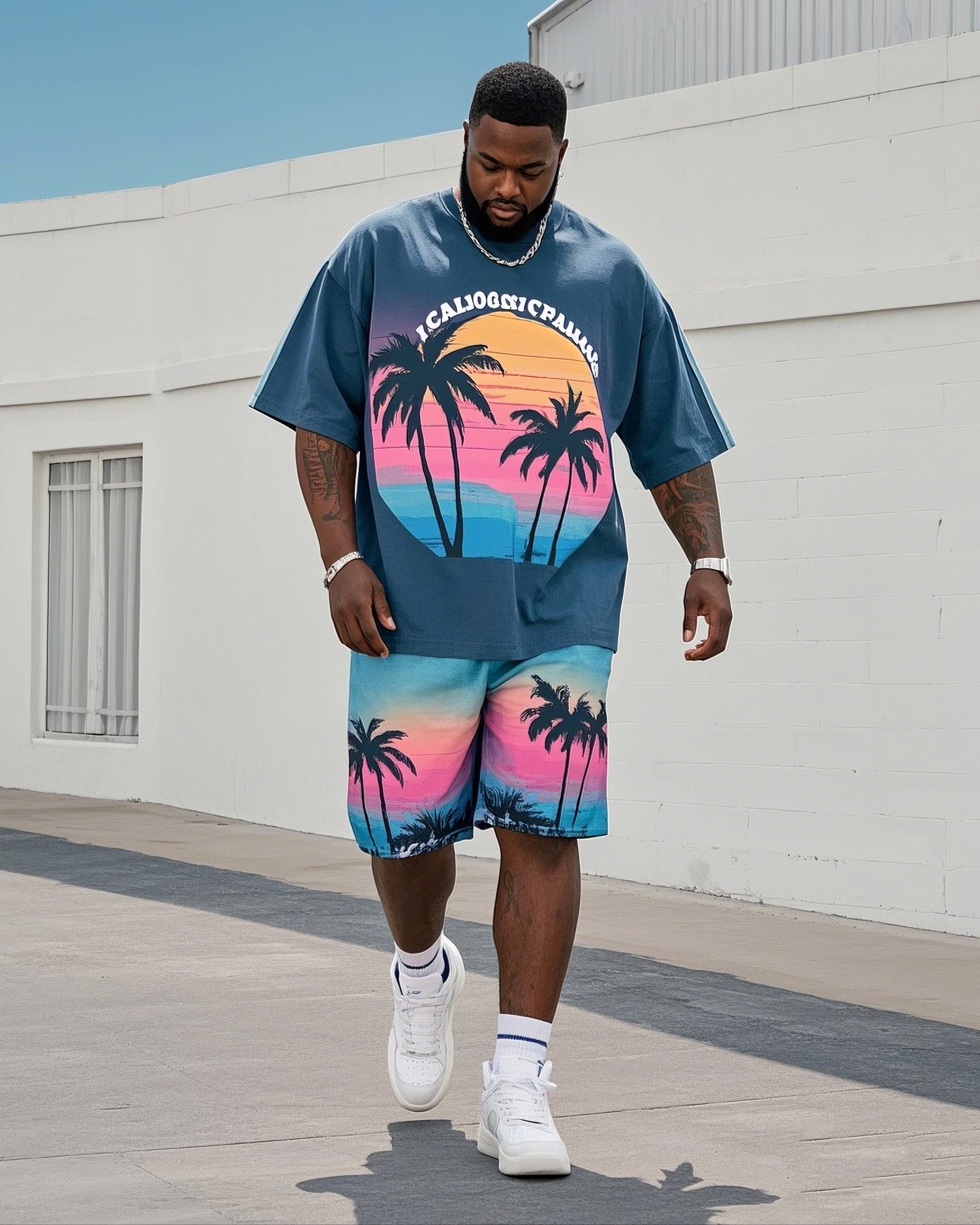 Big Boy Street Fashion Dusk Coconut Tree Print Short Sleeve T-Shirt Shorts Suit