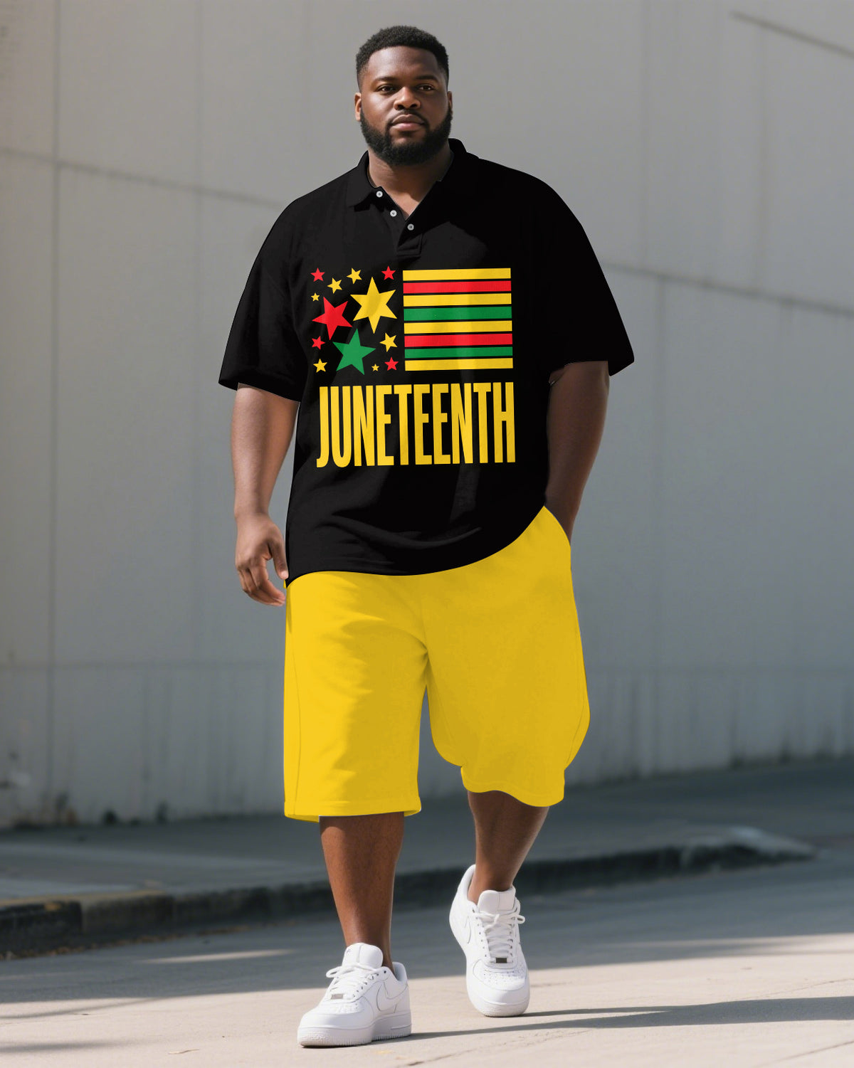 Men's Big & Tall Letter Stripe & Stars Juneteenth Theme Short Sleeve Polo Shirt Shorts Suit