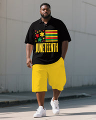 Men's Big & Tall Letter Stripe & Stars Juneteenth Theme Short Sleeve Polo Shirt Shorts Suit