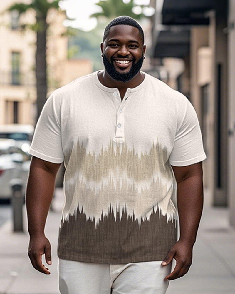 Men's Plus Size Daily Casual Brown Gradient Corrugated Print Henley Collar Button Short Sleeve Tee