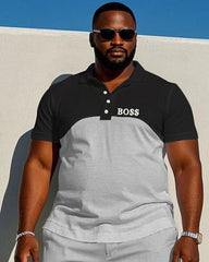 Men's Plus Size Classic Black & Light Melange Gray Design Patchwork Short Sleeve POLO Shorts Suit
