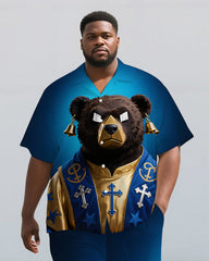 Men's Cartoon Royal Bear Gradient Effect Street Fashion Short Sleeve Shirt and Pants Set
