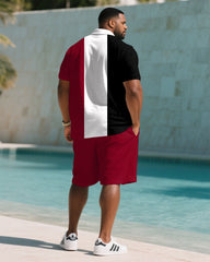 Big & Tall Men's Summer Black & White & Red Striped Polo Short Sleeve Shirt Shorts Suit
