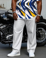 Men's Plus Size White & Blue & Yellow & Geometric Business Daily Casual Short Sleeve Shirt Trousers Suit