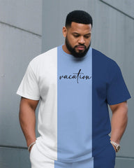 Men's Plus Size White & Blue Colorblock Chest Holiday Slogan Printed Round Neck Short-sleeved T-shirt Half-length Pants Suit