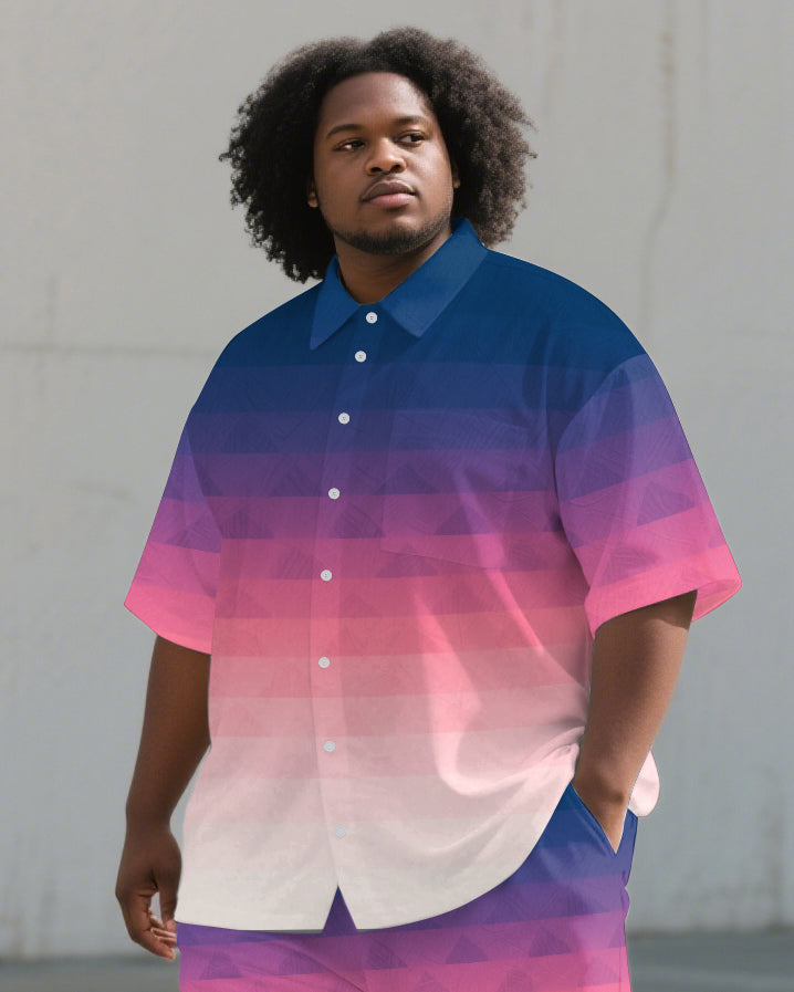 Big Guy's Pink Theme Layered Gradient Style 2-Piece Short-Sleeve Shirt & Shorts Suit