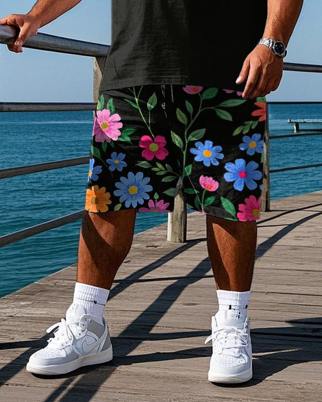 Men's Retro Fashion Stripe Colorful Flower Printed Big & Tall Short Sleeve Polo Shirt Shorts Set