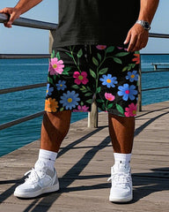 Men's Retro Fashion Stripe Colorful Flower Printed Big & Tall Short Sleeve Polo Shirt Shorts Set