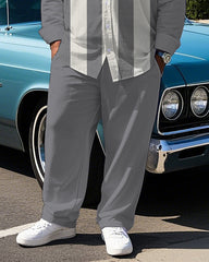 Big Guy's Simple Style POLO Letter with Gray & White Stripe Printed Long Sleeve Shirt Pants Set