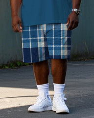 Big Men's Simple Plaid Letter Printed Casual Short Sleeve Polo Shirt Shorts Set
