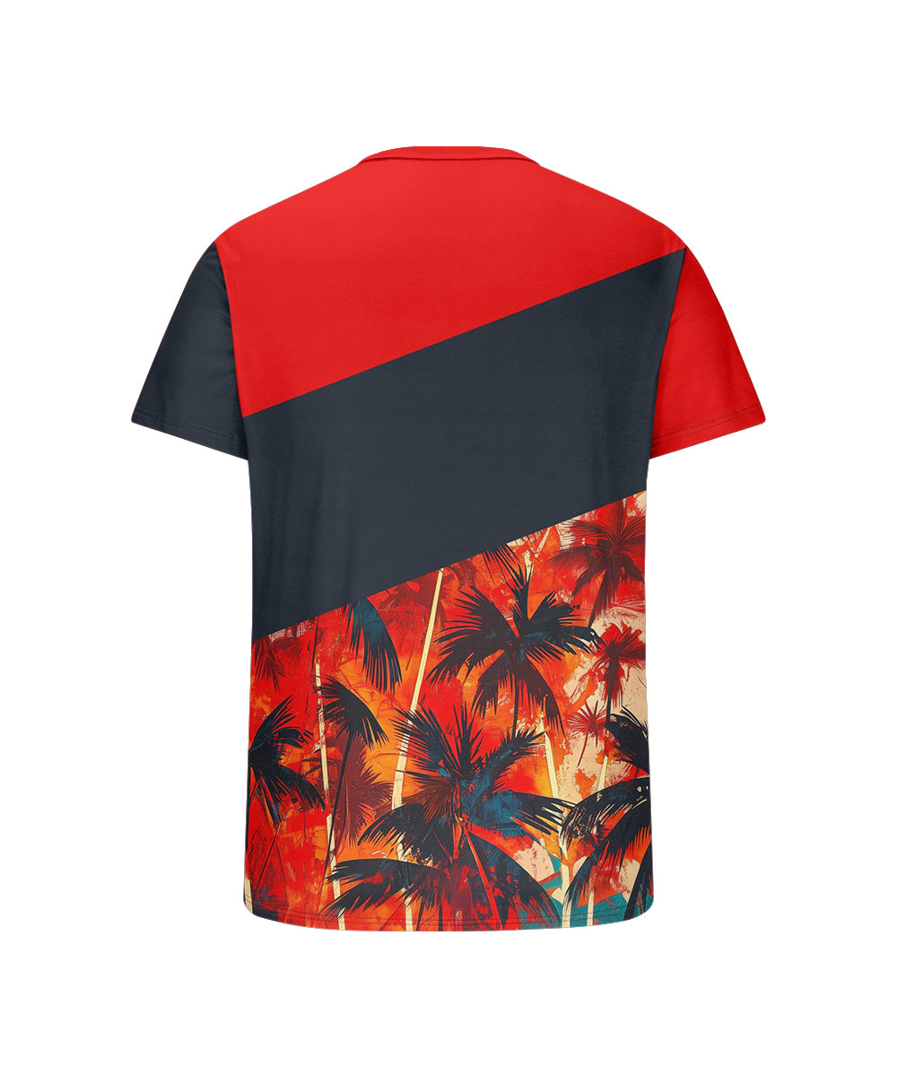 Men's Plus Size Hawaiian Red Patchwork Coconut Tree Print Henry Collar Button Short Sleeve Tee