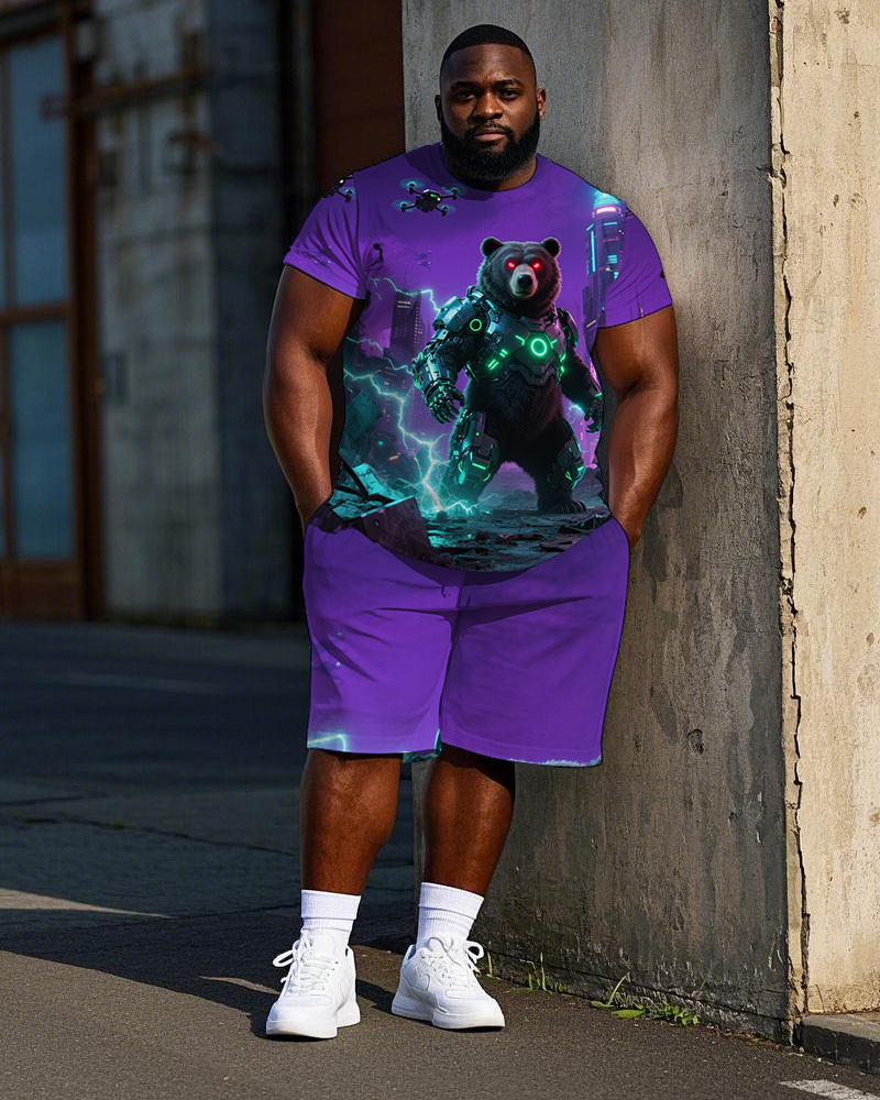 Men's Street Style Armor Bear Soldier Printed Big & Tall Short Sleeve T-Shirt Shorts Set