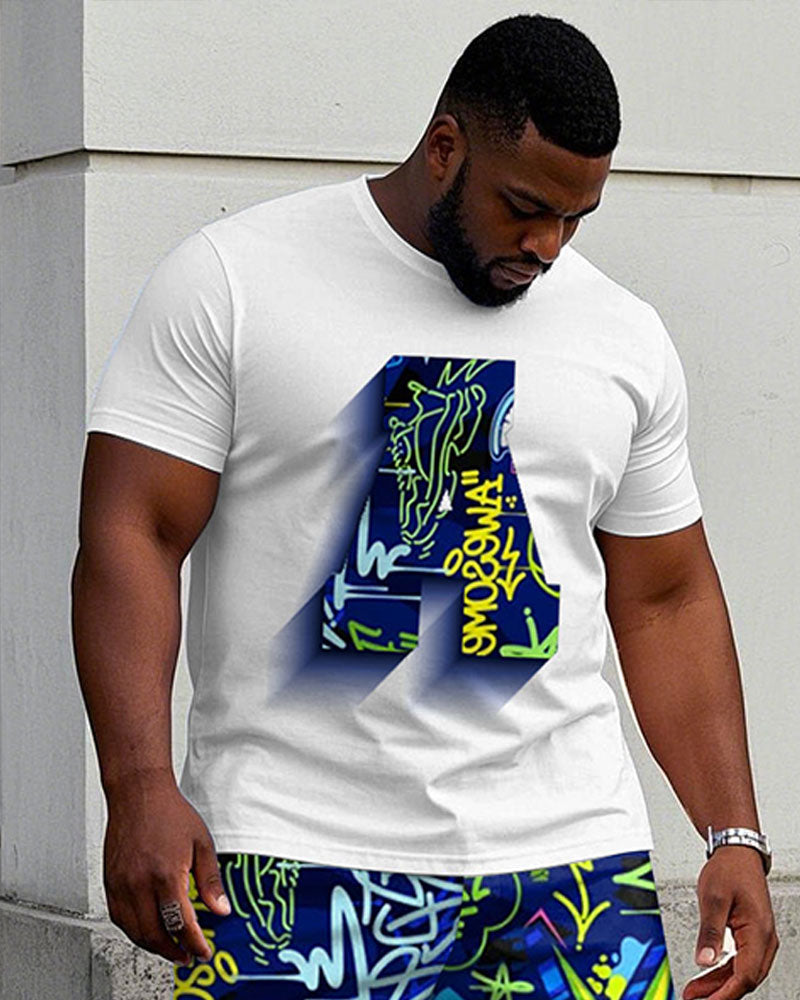 Men's Plus Size Street Fashion Pattern Chest Stereoscopic Projection "A" Printed Short-sleeved T-shirt Shorts Suit