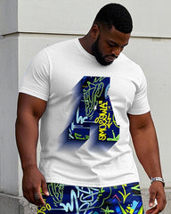 Men's Plus Size Street Fashion Pattern Chest Stereoscopic Projection "A" Printed Short-sleeved T-shirt Shorts Suit