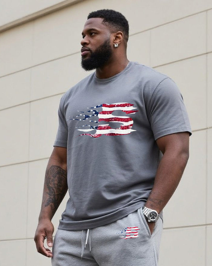 Big & Tall Men's Original Patriotic Flame Print Independence Day Crewneck T-Shirt Shorts Suit
