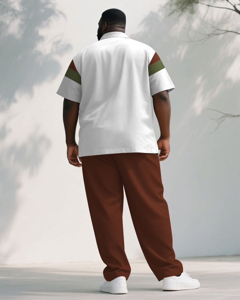 Big & Tall Men's Business Brown Contrast Striped Printed Short Sleeve Shirt Trousers Suit