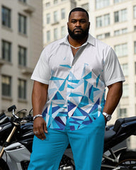 Men's Plus Size Business White & Blue Geometric Gradient Arrangement Short Sleeve Shirt Trousers Suit