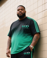 Big Boy Daily Casual Black Gradient Fluorescent Green Stripe Round Neck Short Sleeve T-Shirt Trousers