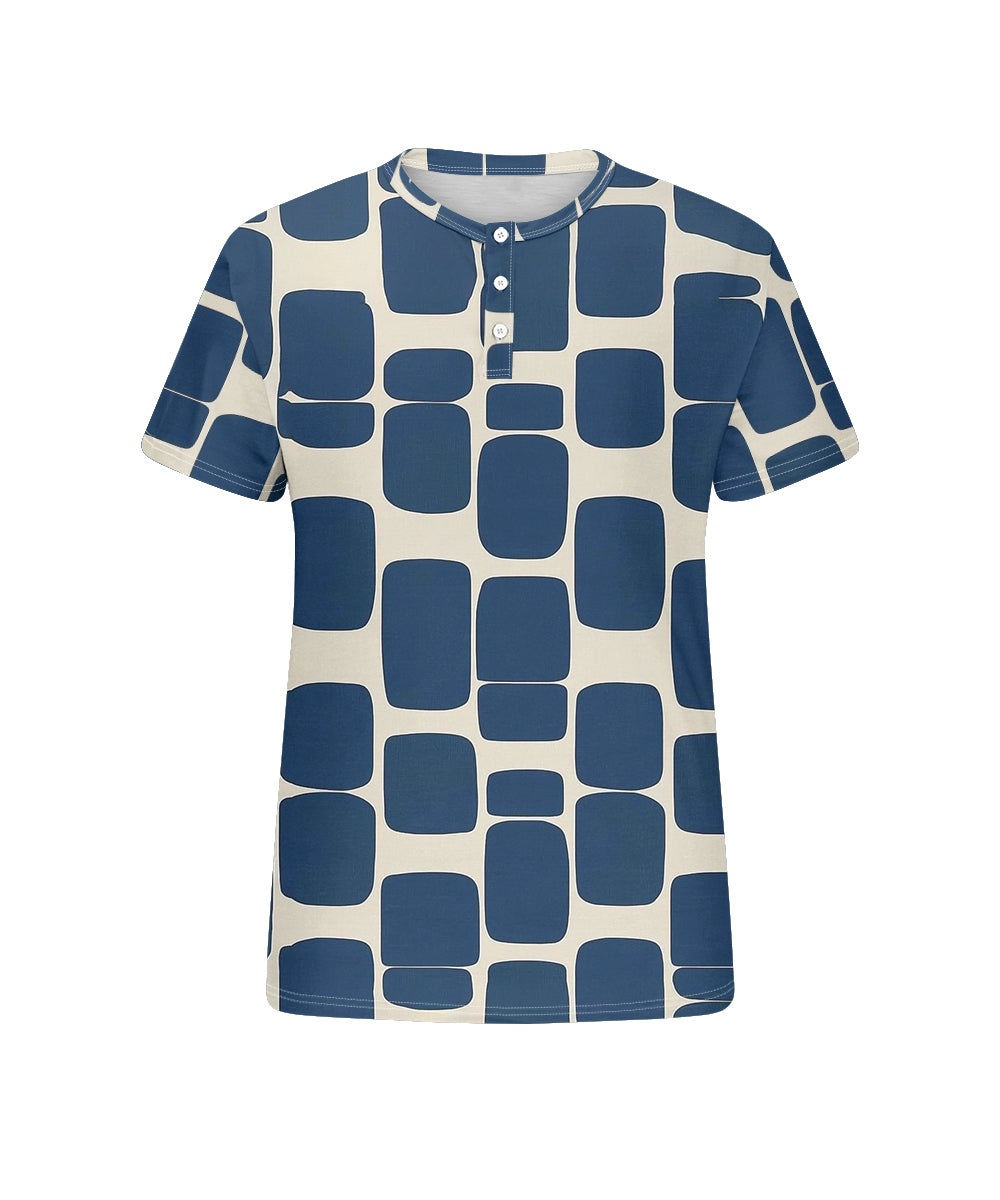 Men's Plus Size Blue Geometric Print Henry Collar Button Short Sleeve T-shirt