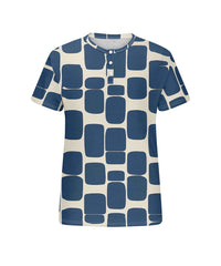 Men's Plus Size Blue Geometric Print Henry Collar Button Short Sleeve T-shirt