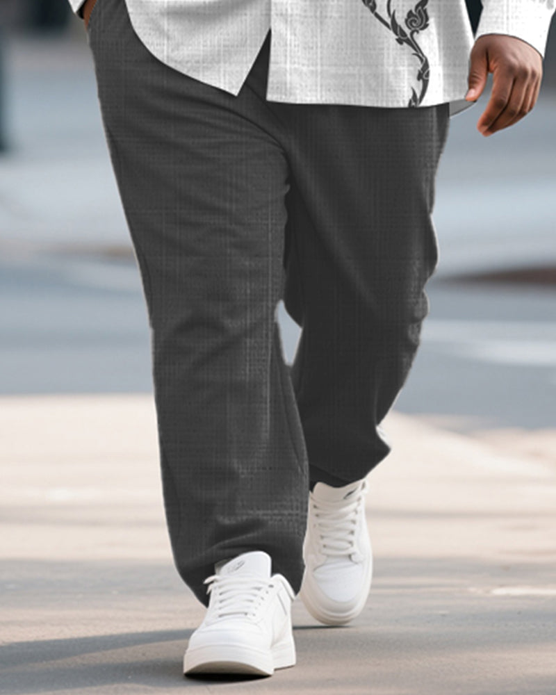 Big & Tall Men's Business Grey Pattern Print Bamboo Hemp Texture Long Sleeve Shirt Trousers Suit