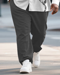 Big & Tall Men's Business Grey Pattern Print Bamboo Hemp Texture Long Sleeve Shirt Trousers Suit