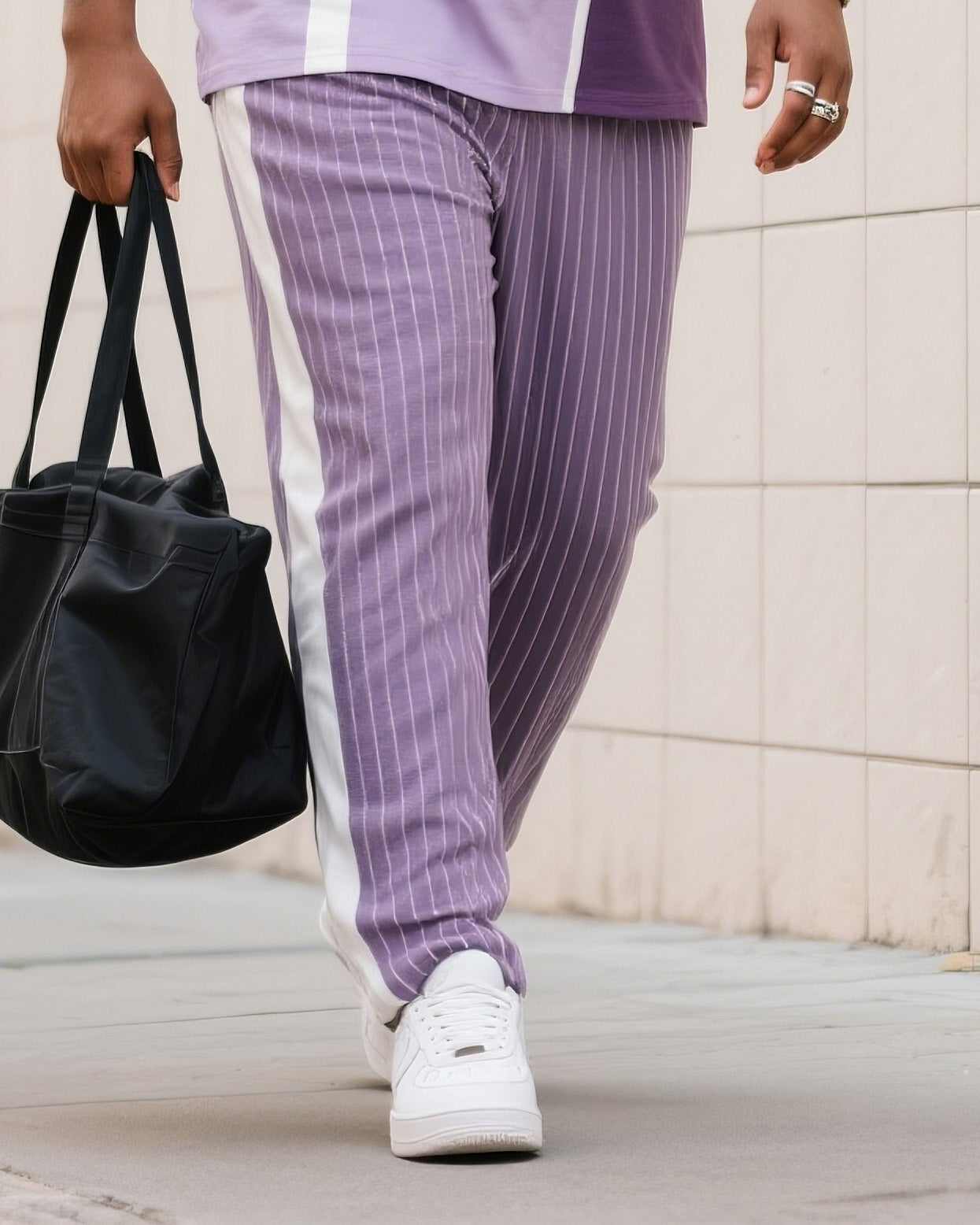 Big Boy Street Fashion High Purple Easy Color-block Striped Short-sleeve Trousers Suit