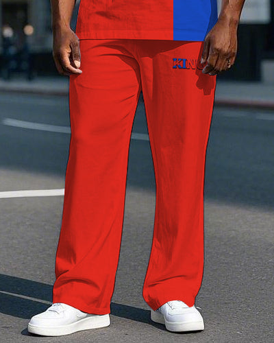 Men's Big Size Splicing Blue & Red Color Block KING Printed Short Sleeve T-shirt Pants Set