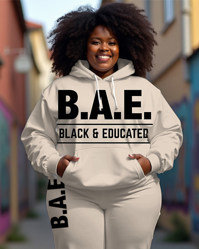 Women's Plus Size B.A.E Letter Print Long Sleeve Hoodie And Casual Pants Set