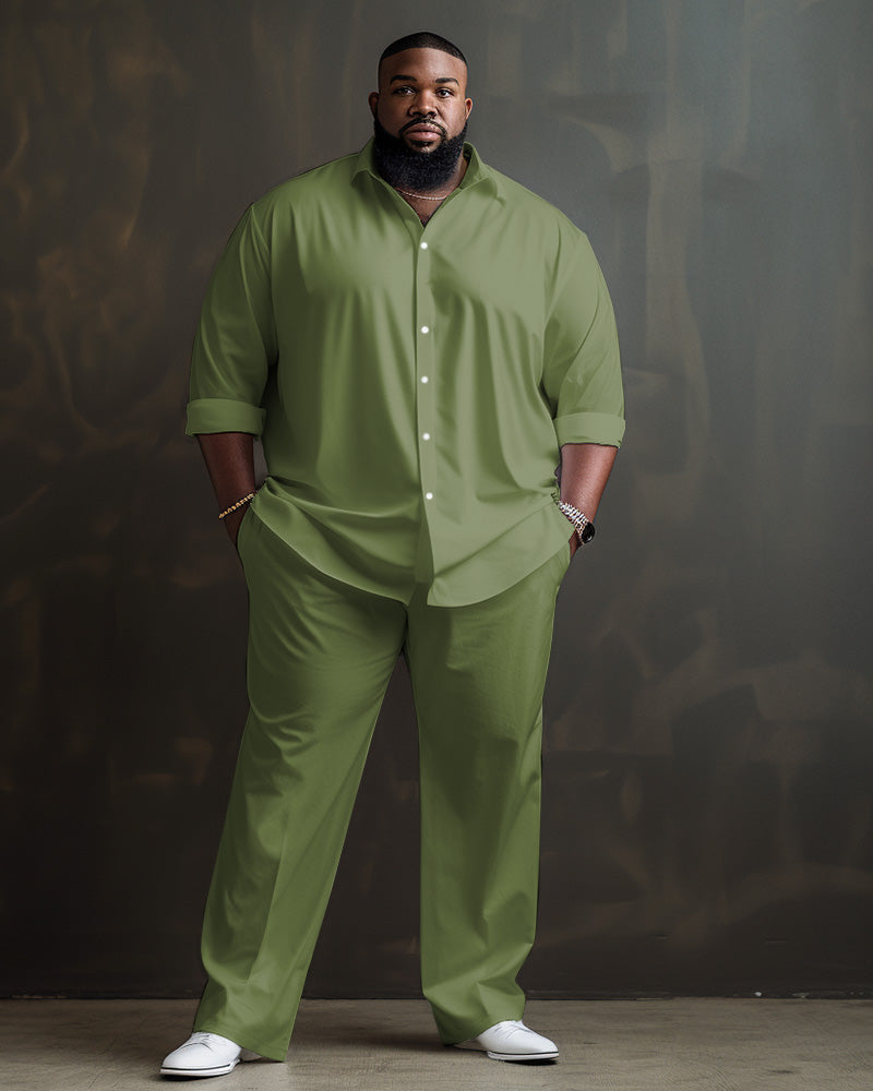Solid Color Big Guys Long Sleeve Lapel Shirt and Pants Set