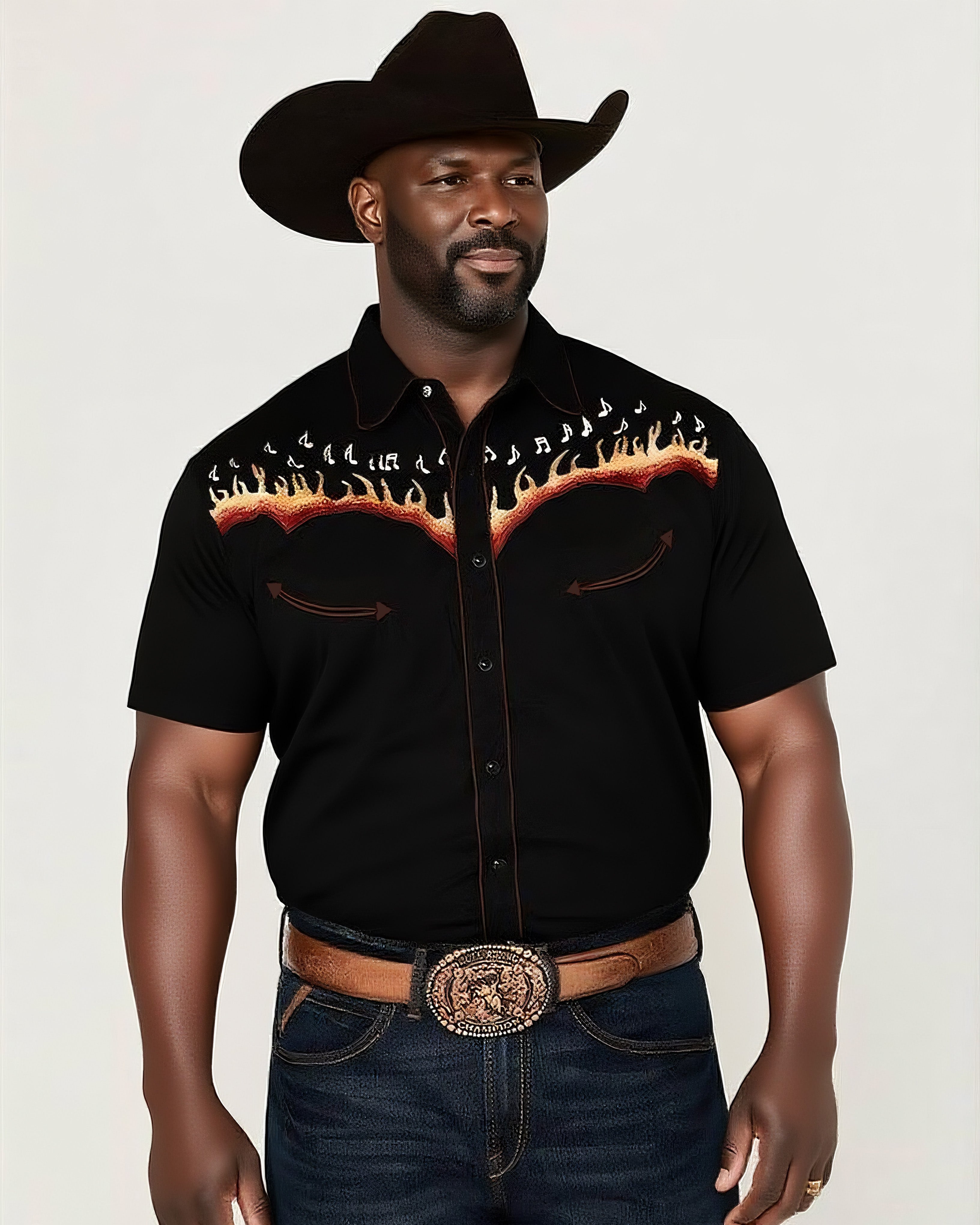 Big & Tall Men's Western Flame & Note Black Short Sleeve Shirt