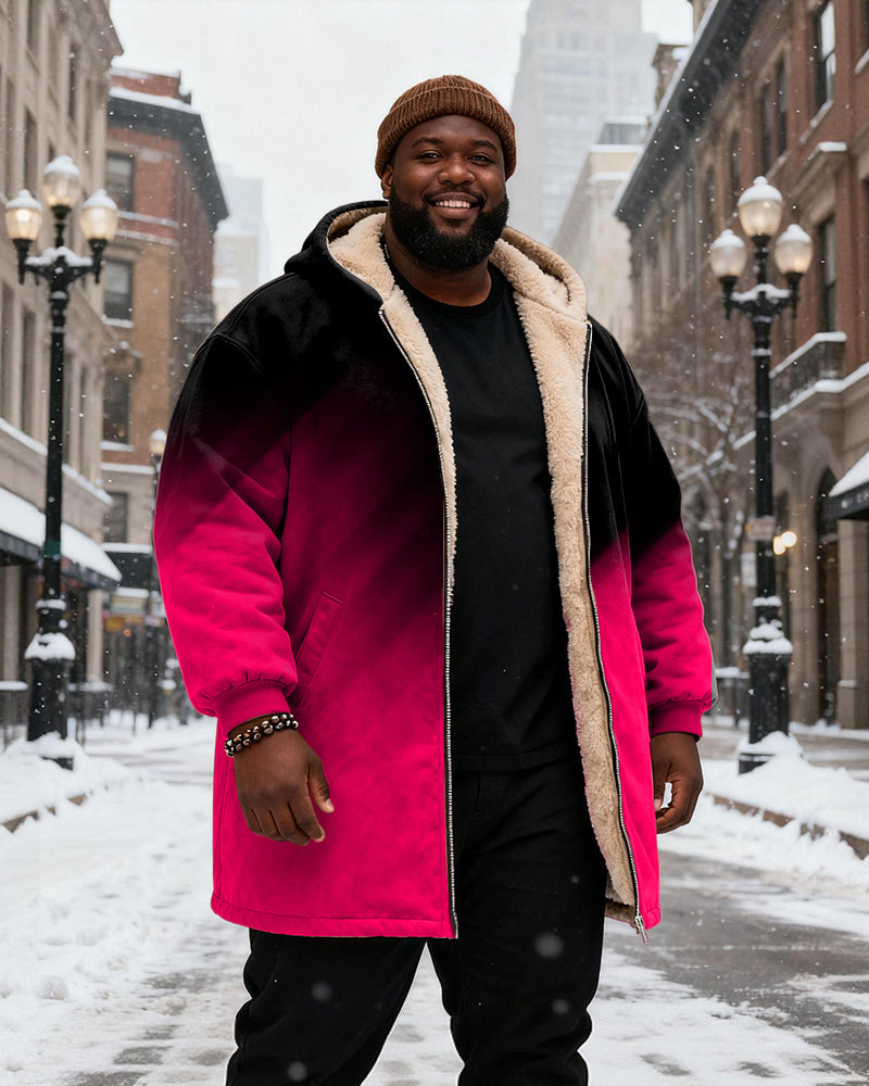 Big & Tall Men's Black And Red Gradient Printed Velvet Padded Long Hooded Coat