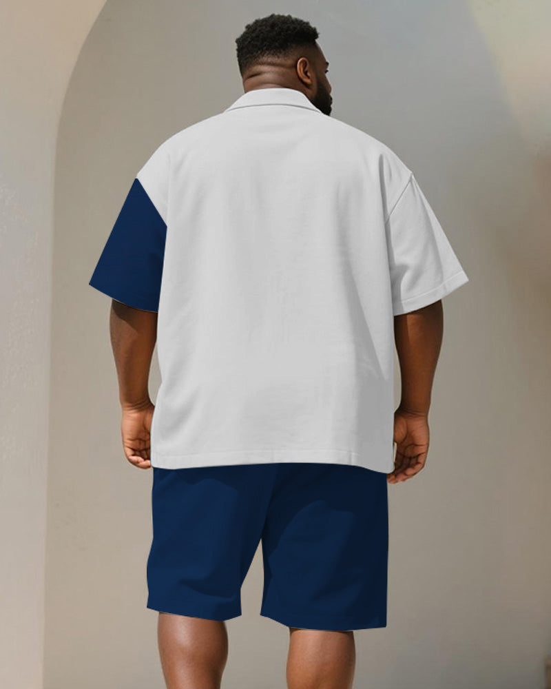 Men's Plus Size Casual Business Blue Geometric Stripe Alphabet Print Shirt Shorts Suit