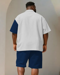 Men's Plus Size Casual Business Blue Geometric Stripe Alphabet Print Shirt Shorts Suit