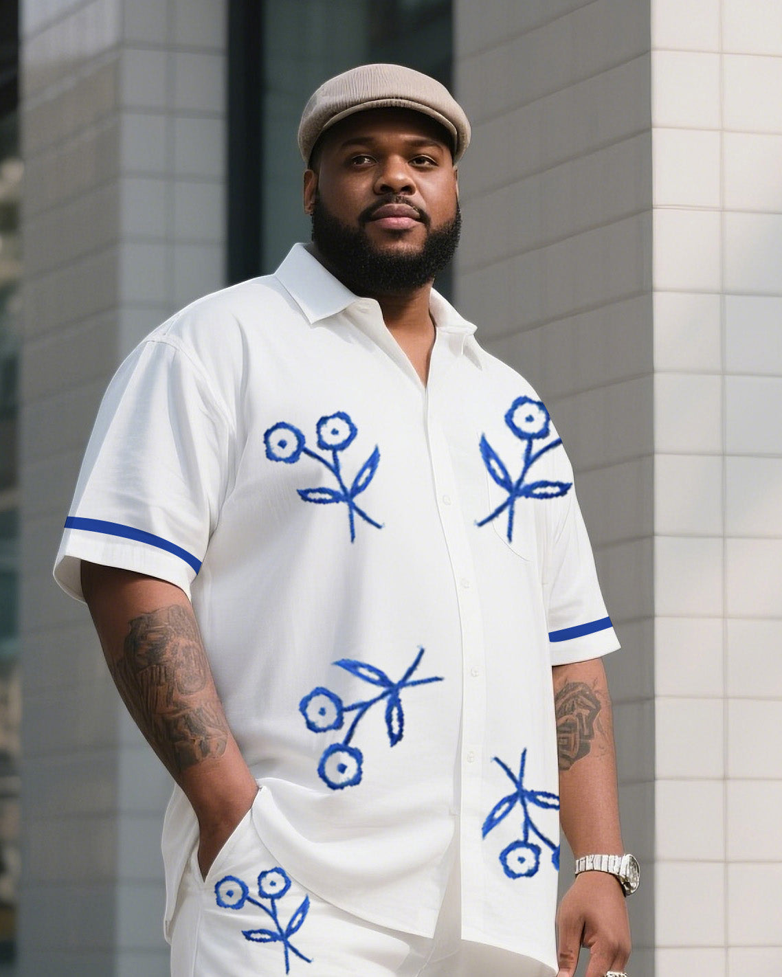 Big Boy Daily Casual Blue Floral Print Figure Short Sleeve Shirt Trousers Suit