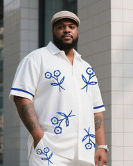 Big Boy Daily Casual Blue Floral Print Figure Short Sleeve Shirt Trousers Suit