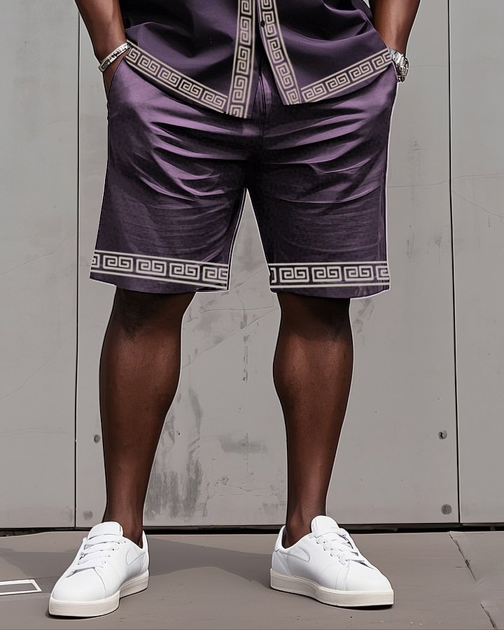 Big Man's Retro Daily Casual Edge Color Block Printing Short Sleeve Shirt Shorts Suit