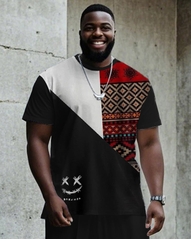 Men's Plus Size Daily Casual Black Color Matching Ethnic Style Smiley Print T-shirt Trousers Suit