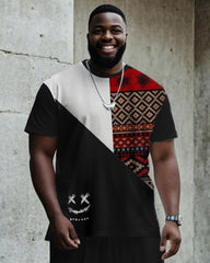 Men's Plus Size Daily Casual Black Color Matching Ethnic Style Smiley Print T-shirt Trousers Suit