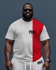 Big Men's Simple Red and White Color Block POLO Printed Short Sleeve T-shirt Drawstring Pants Set