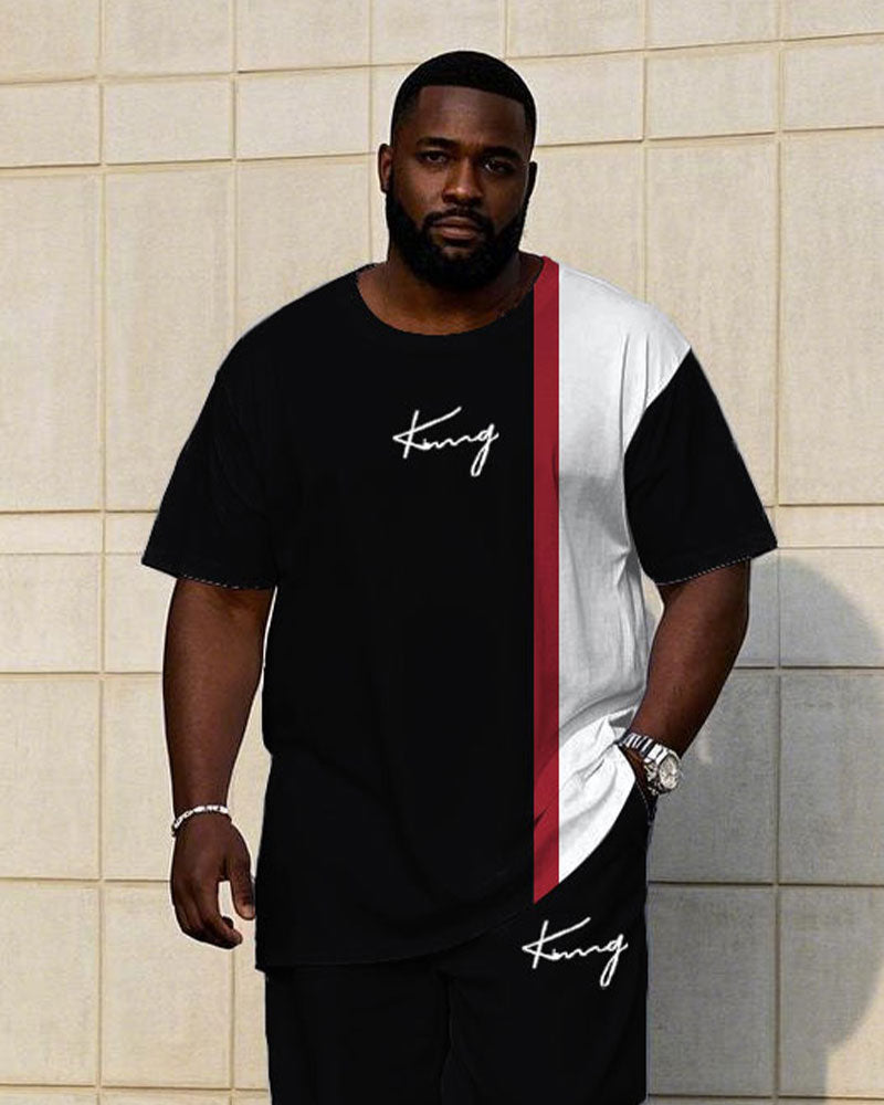Men's Plus Size Casual Classic Black Colorblock Chest Handwritten King Short-sleeved T-shirt Trousers Suit