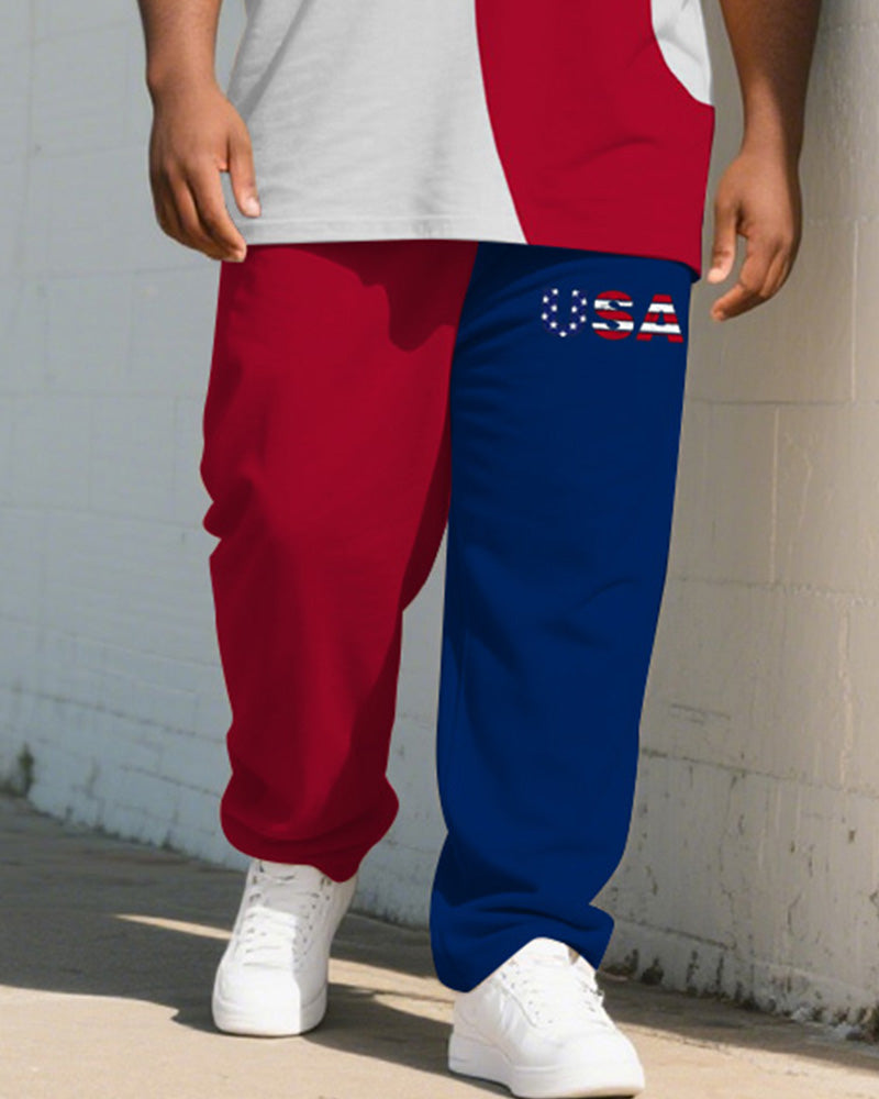 Men's Plus Size Independence Day Blue And Red Color Block Geometric USA Letter Printed T-shirt Trousers Suit
