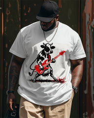 Big & Tall Men's Street Fashion Guitar Cow Graffiti Print Round Neck Short Sleeve T-Shirt