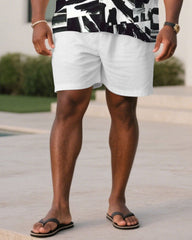 Men's Plus Size White Brush Graffiti Art Short Sleeve Shirt Shorts Suit