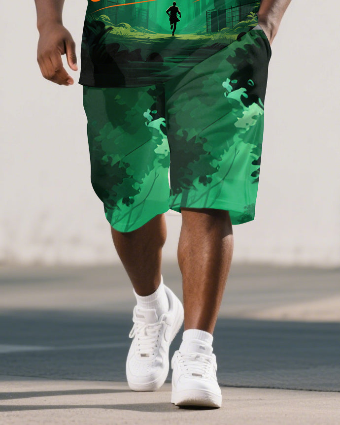 Big and Tall Men's Casual Forest Style PRISON Theme Lettering Short-Sleeve Polo Shirt Shorts Set