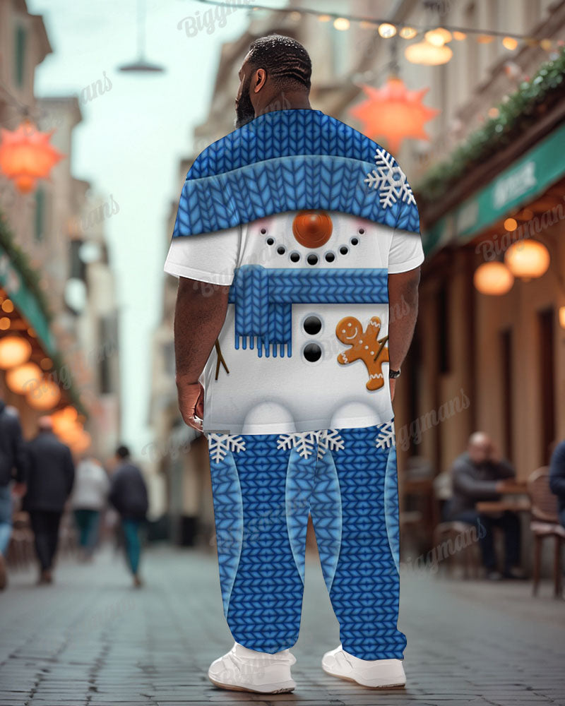 Men's Plus Size Blue Snowman Gingerbread Man Print T-Shirt Trousers Suit
