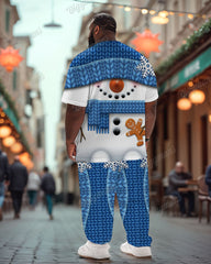 Men's Plus Size Blue Snowman Gingerbread Man Print T-Shirt Trousers Suit
